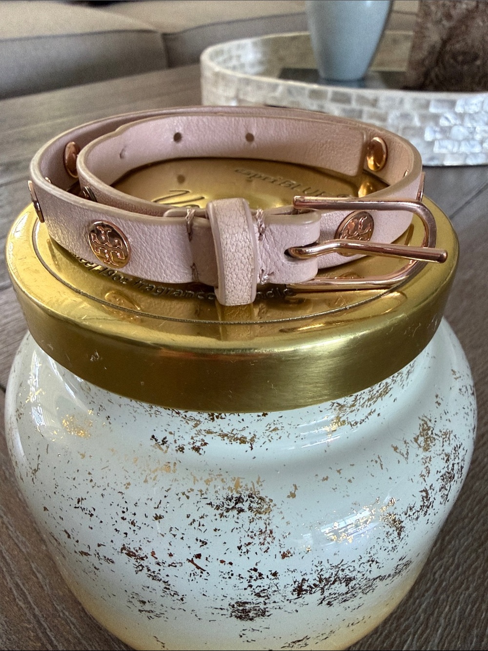 Tory Burch Blush Pink Double-Wrap Leather Logo Belt Bracelet with Gold Hardware